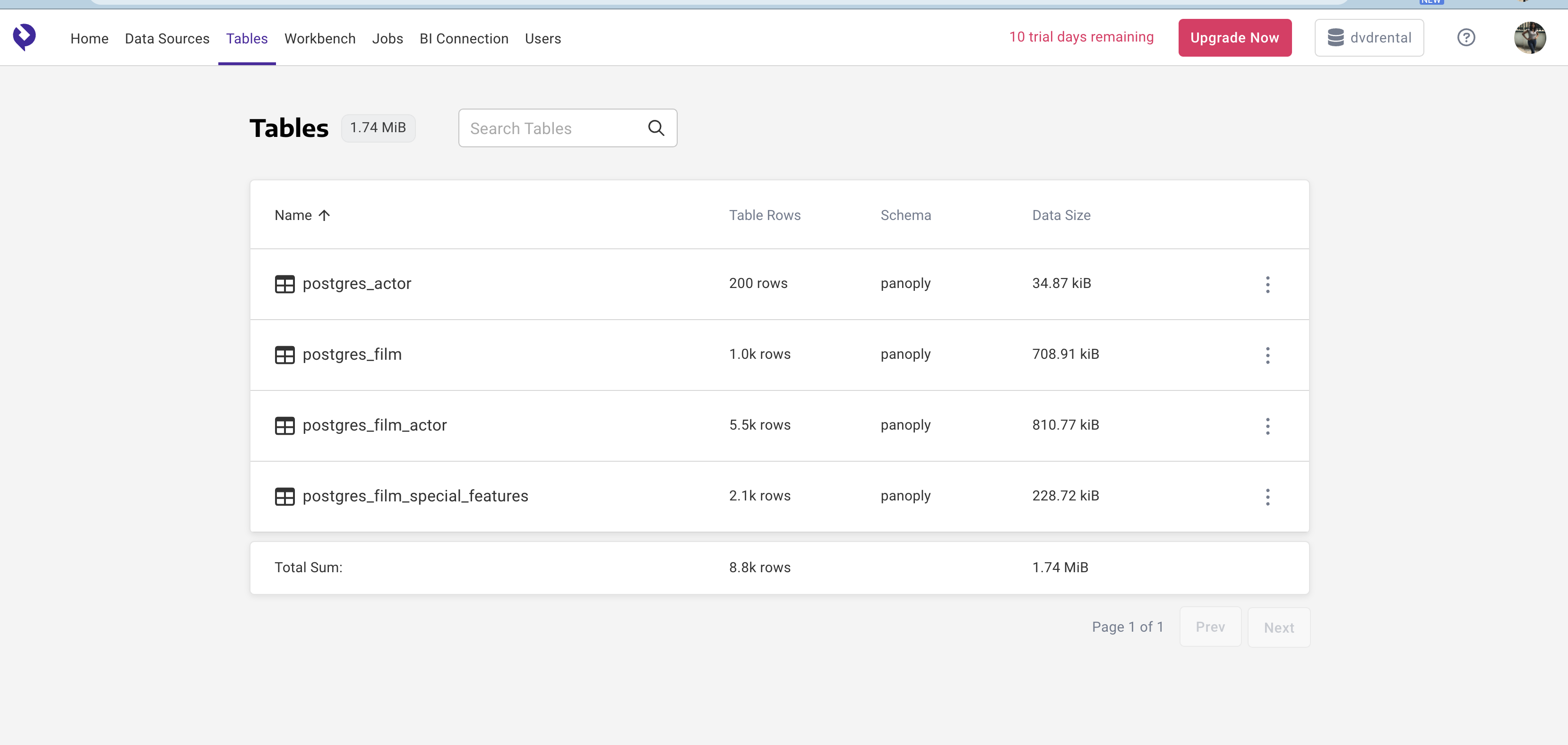 Imported tables in Panoply