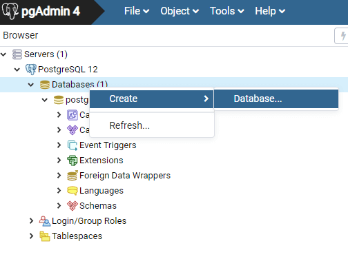 PostgreSQL new database in pgAdmin
