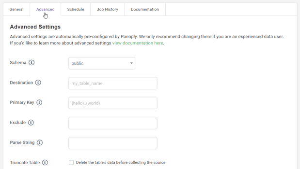 Shopify Data Source Advanced Settings