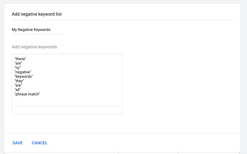 Add phrase match negative keywords